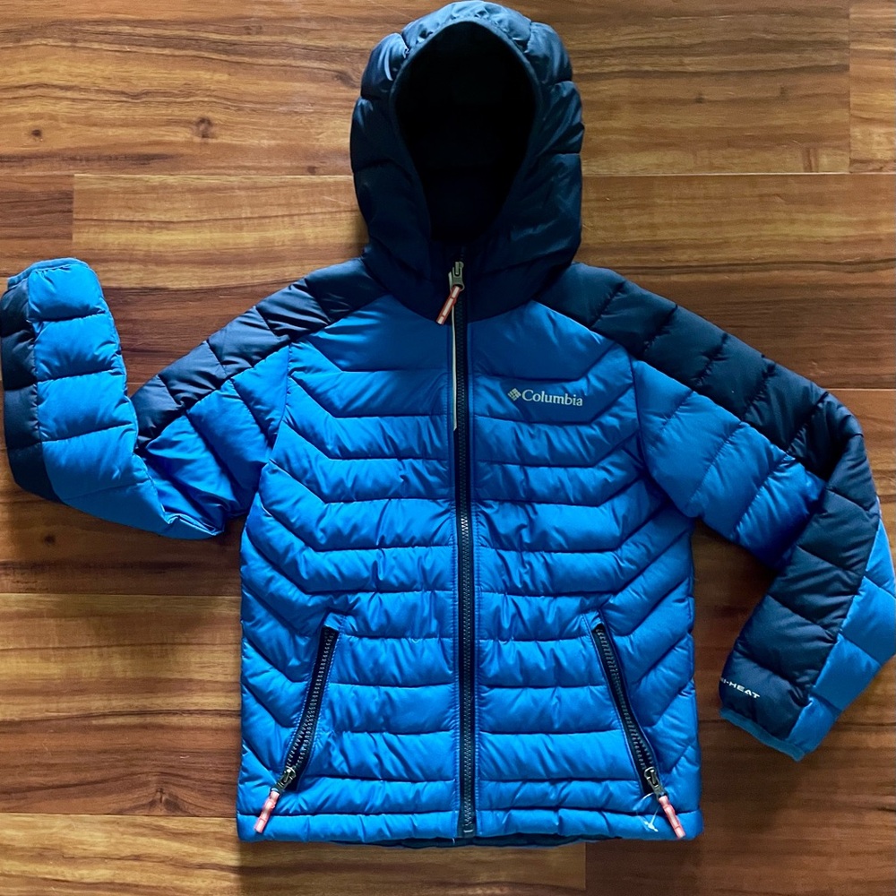 Columbia Kids Two-Tone Blue Powder Lite Hooded Jacket Small (8) heat tevhnology
